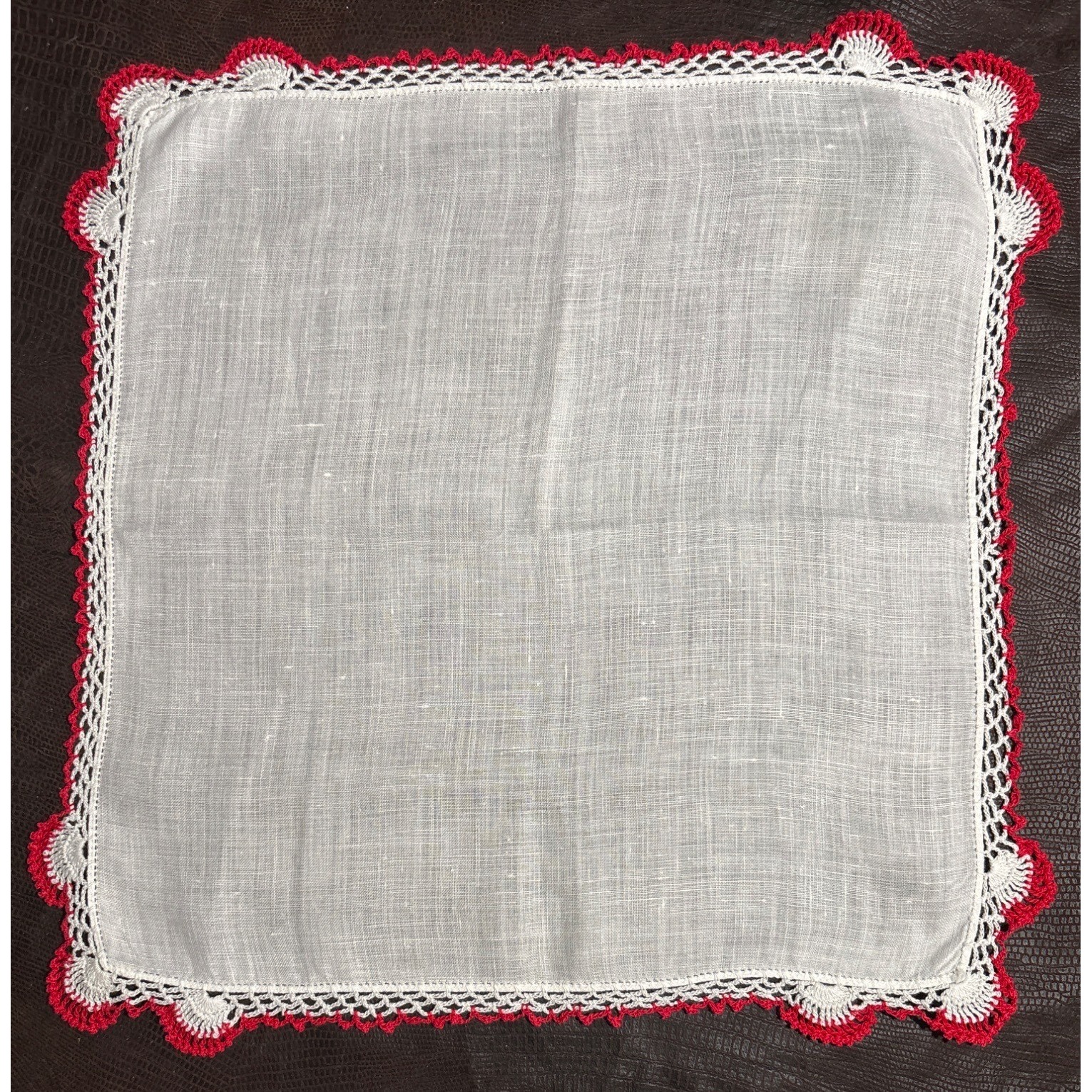 Vintage White Handkerchief With Red  White Crochet Trim 12x12 Inches